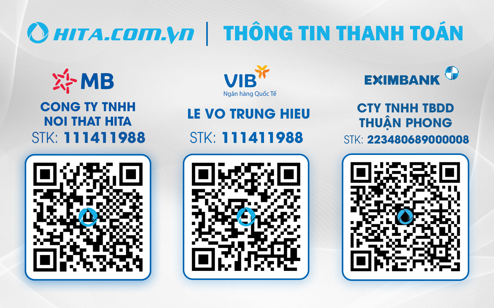 HITA.com.vn - thông tin tài khoản thanh toán cho công ty nội thất HITA