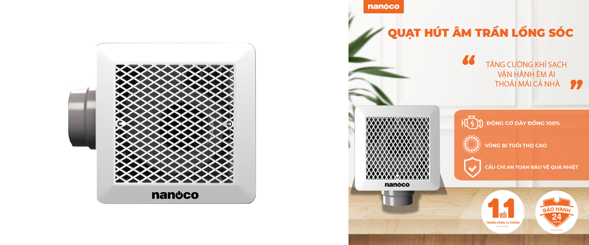 Quạt hút âm trần lồng sóc Nanoco có thiết kế tối giản, trang nhã