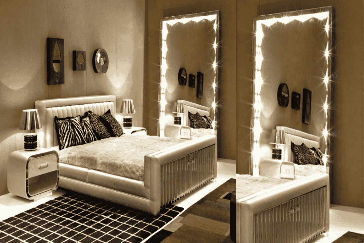 Phòng ngủ trang trí đèn LED trắng bao quanh gương lớn