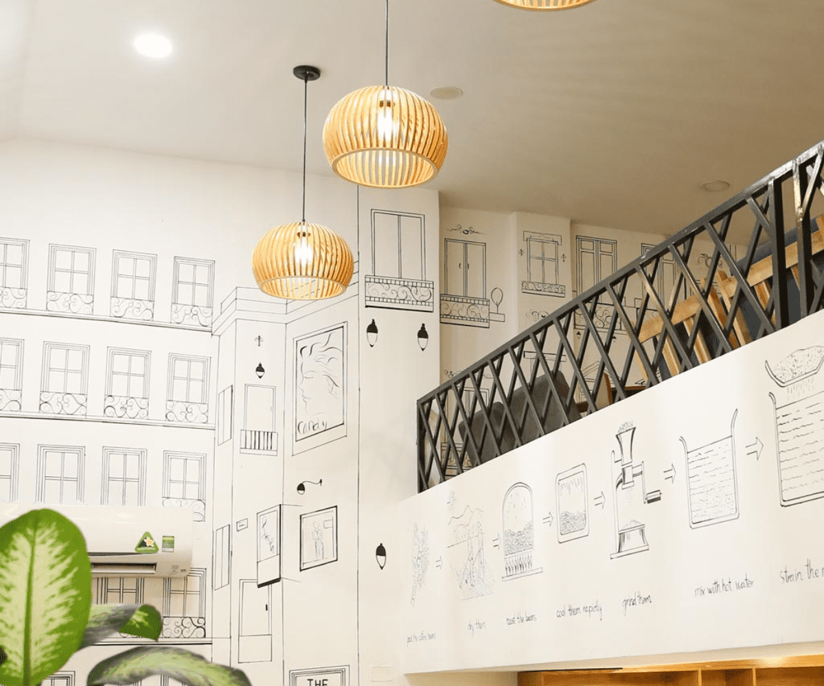 Trang trí quán cafe bằng đèn thả trần bằng gỗ