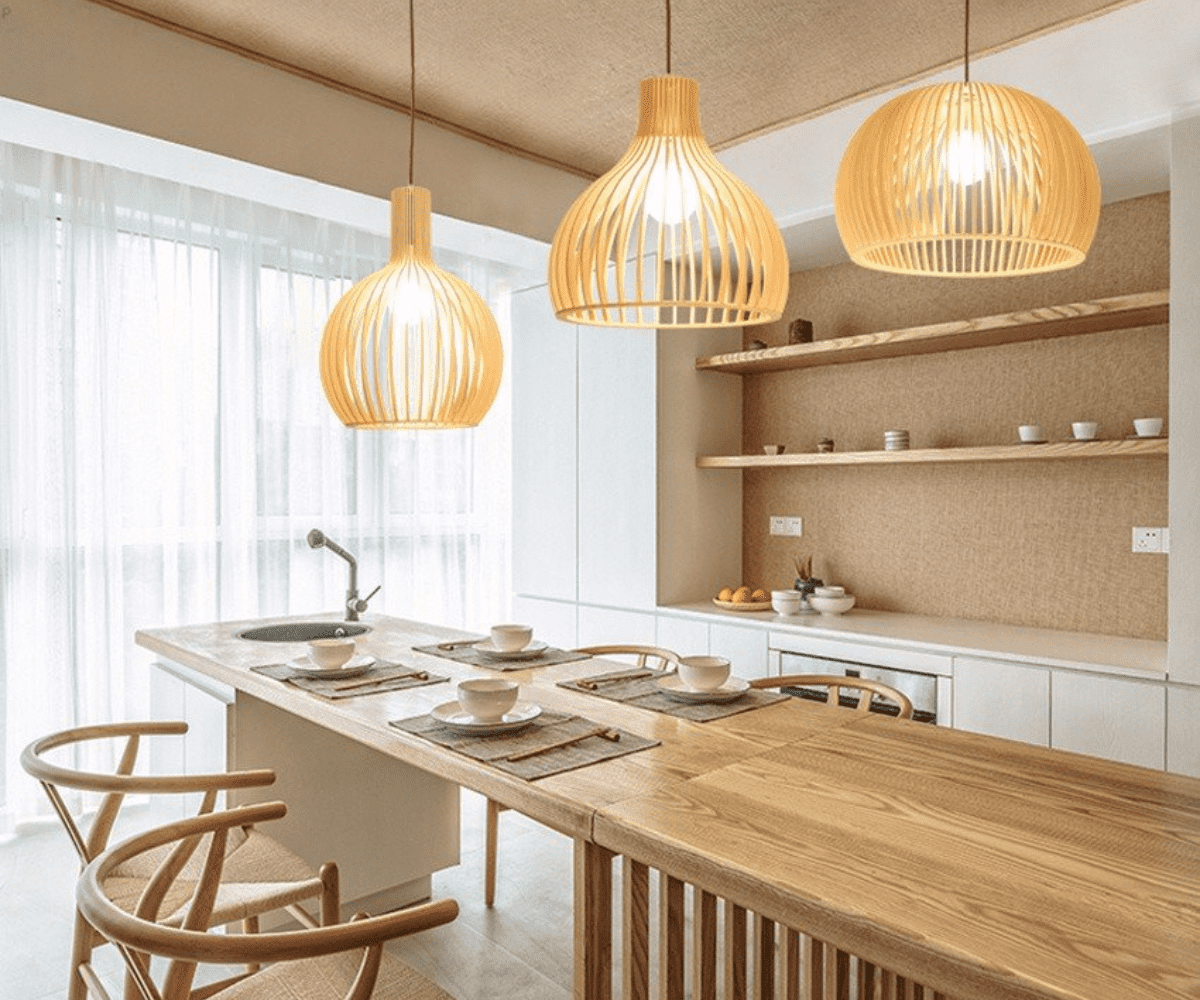Đèn mây tre thả trần cho không gian phòng bếp