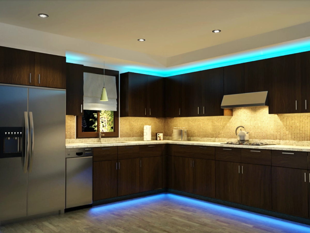 Không gian nhà bếp gây ấn tượng với các phối màu đèn LED dây tủ bếp mới lạ, độc đáo