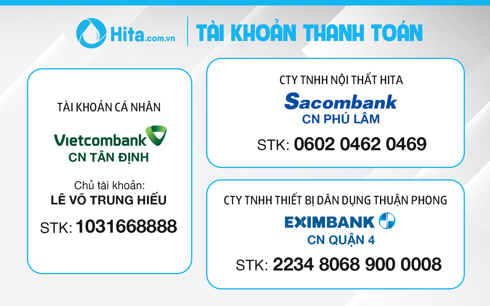 HITA.com.vn - thông tin tài khoản thanh toán cho công ty nội thất HITA