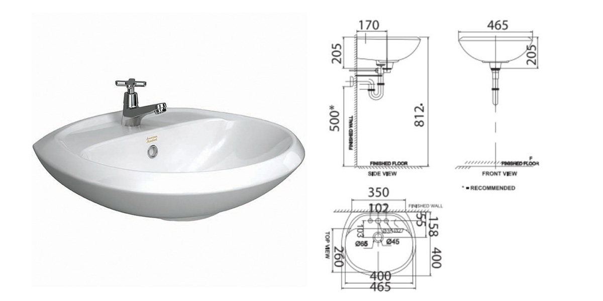 Mẫu bản vẽ, kích thước chuẩn lavabo treo tường