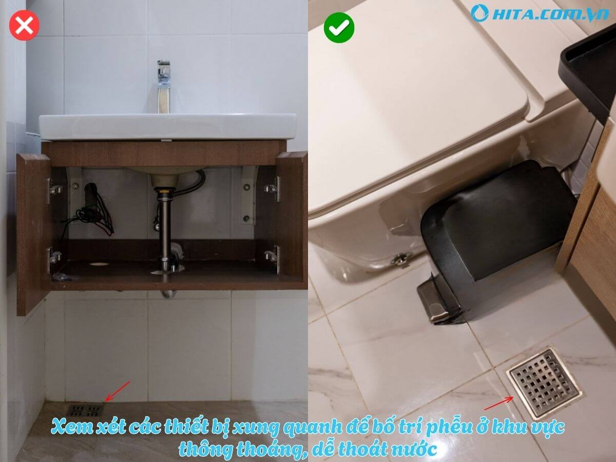 Kh&ocirc;ng xem x&eacute;t đến c&aacute;c thiết bị xung quanh chỗ lắp phễu tho&aacute;t s&agrave;n