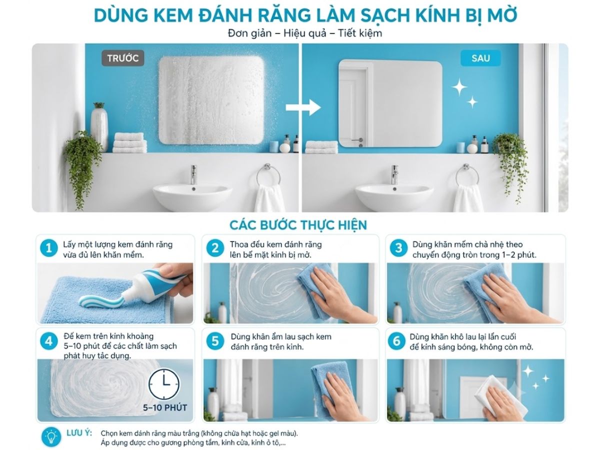C&aacute;c bước sử dụng kem đ&aacute;nh răng để l&agrave;m sạch gương ph&ograve;ng tắm
