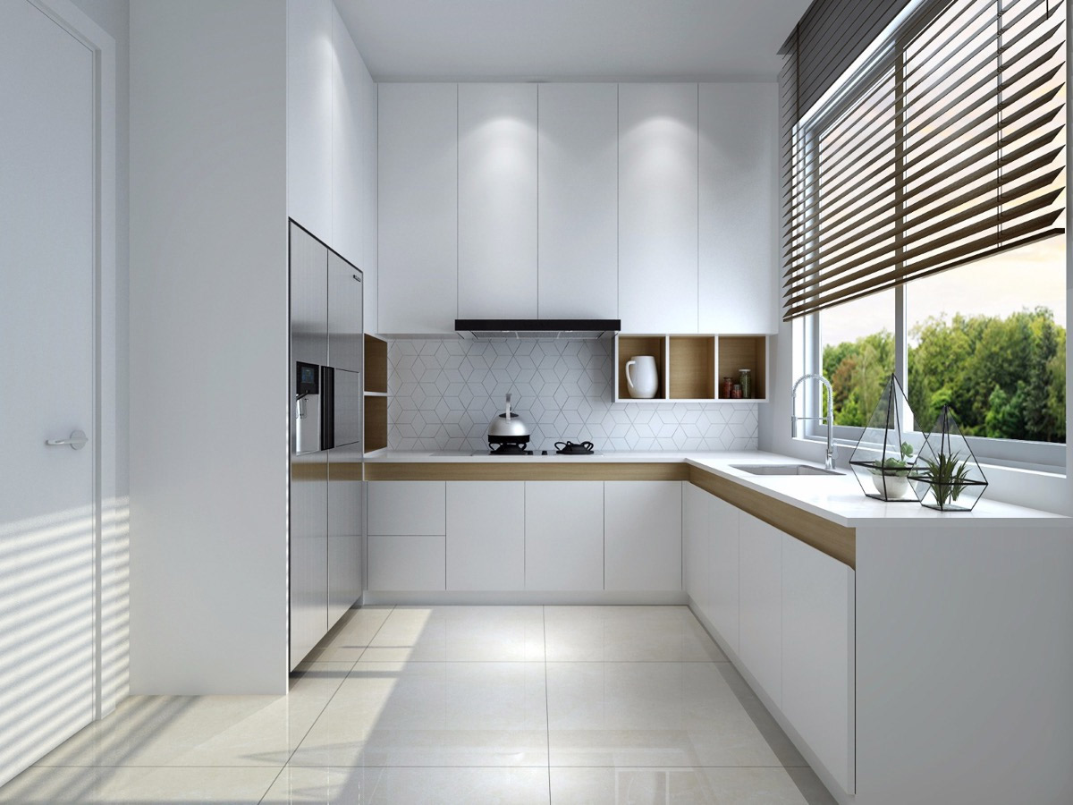 Tủ bếp hình chữ L giúp tận dụng tối đa góc tường để tiết kiệm không gian