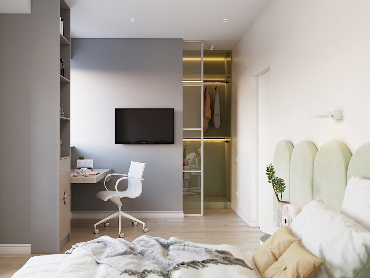 Tận dụng chiều cao của căn phòng để thiết kế những bộ tủ quần áo áp trần, giúp tăng không gian lưu trữ