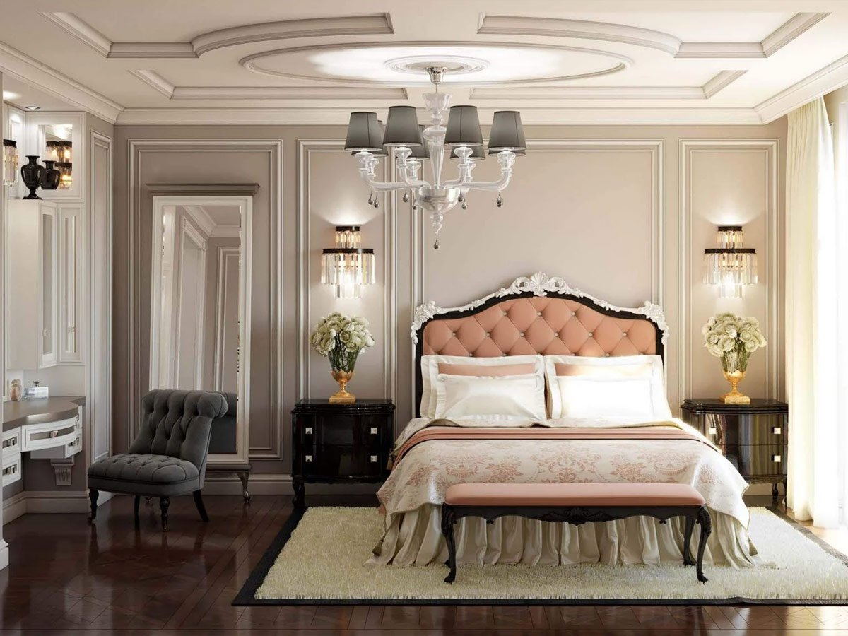 Phòng ngủ vợ chồng theo phong cách tân cổ điển sang trọng với tông màu nhẹ nhàng