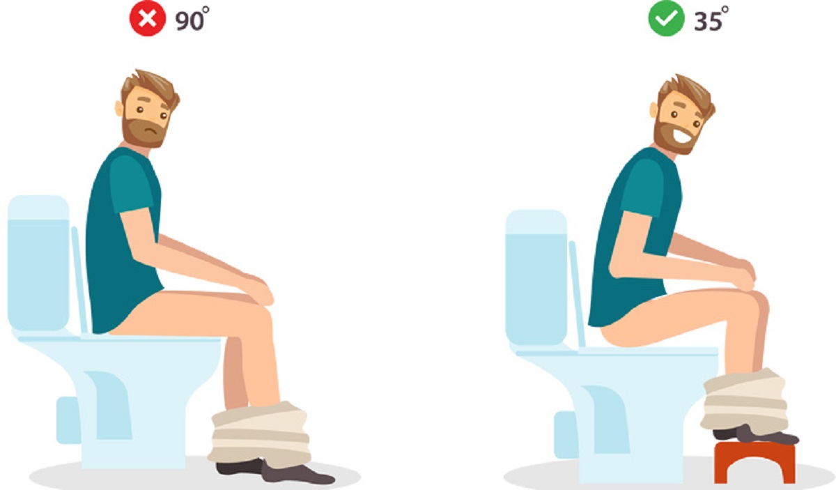 Bạn có thể ngồi toilet đúng cách bằng cách kê thêm ghế nhỏ để nâng chân lên để cơ thể tạo góc 45 độ