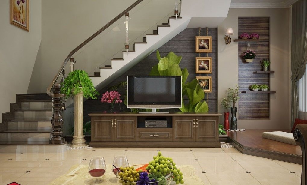 Tủ Tivi trang trí với cây xanh tươi mát