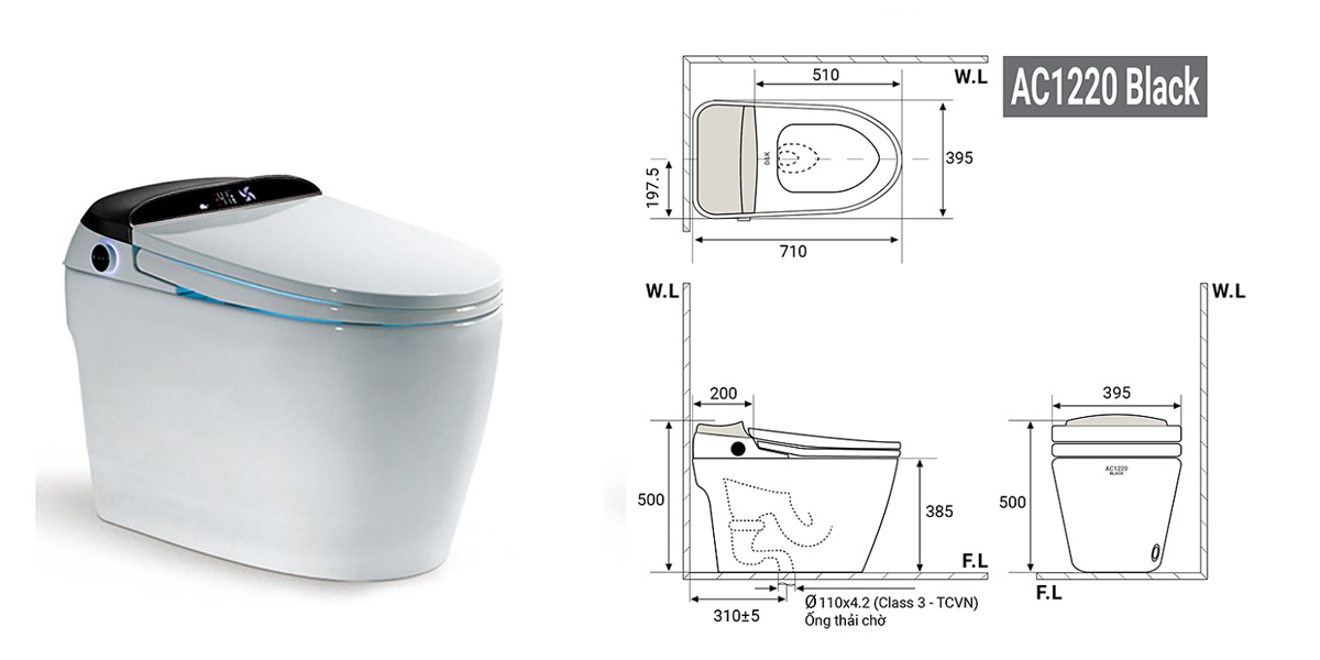 Mẫu vẽ kích thước của bồn cầu thông minh