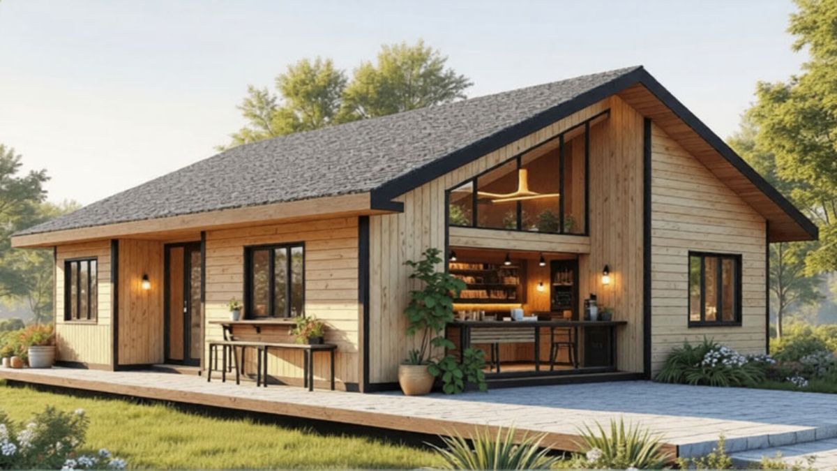 Mẫu nh&agrave; gỗ cấp 4 phong c&aacute;ch Vintage được trang tr&iacute; bắt mắt với đ&egrave;n treo cổ điển v&agrave; chậu c&acirc;y xanh
