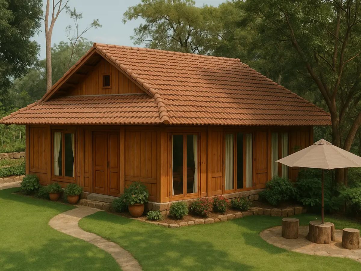 Nh&agrave; gỗ cấp 4 m&aacute;i ng&oacute;i kết hợp s&acirc;n vườn mang đến kh&ocirc;ng gian sống m&aacute;t mẻ, thư gi&atilde;n