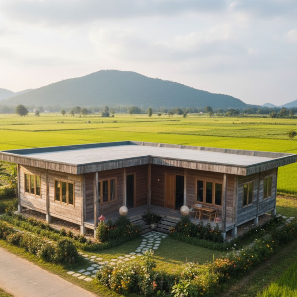 Nh&agrave; gỗ s&acirc;n vườn ph&ugrave; hợp với những khu đất rộng ở n&ocirc;ng th&ocirc;n, ngoại &ocirc;