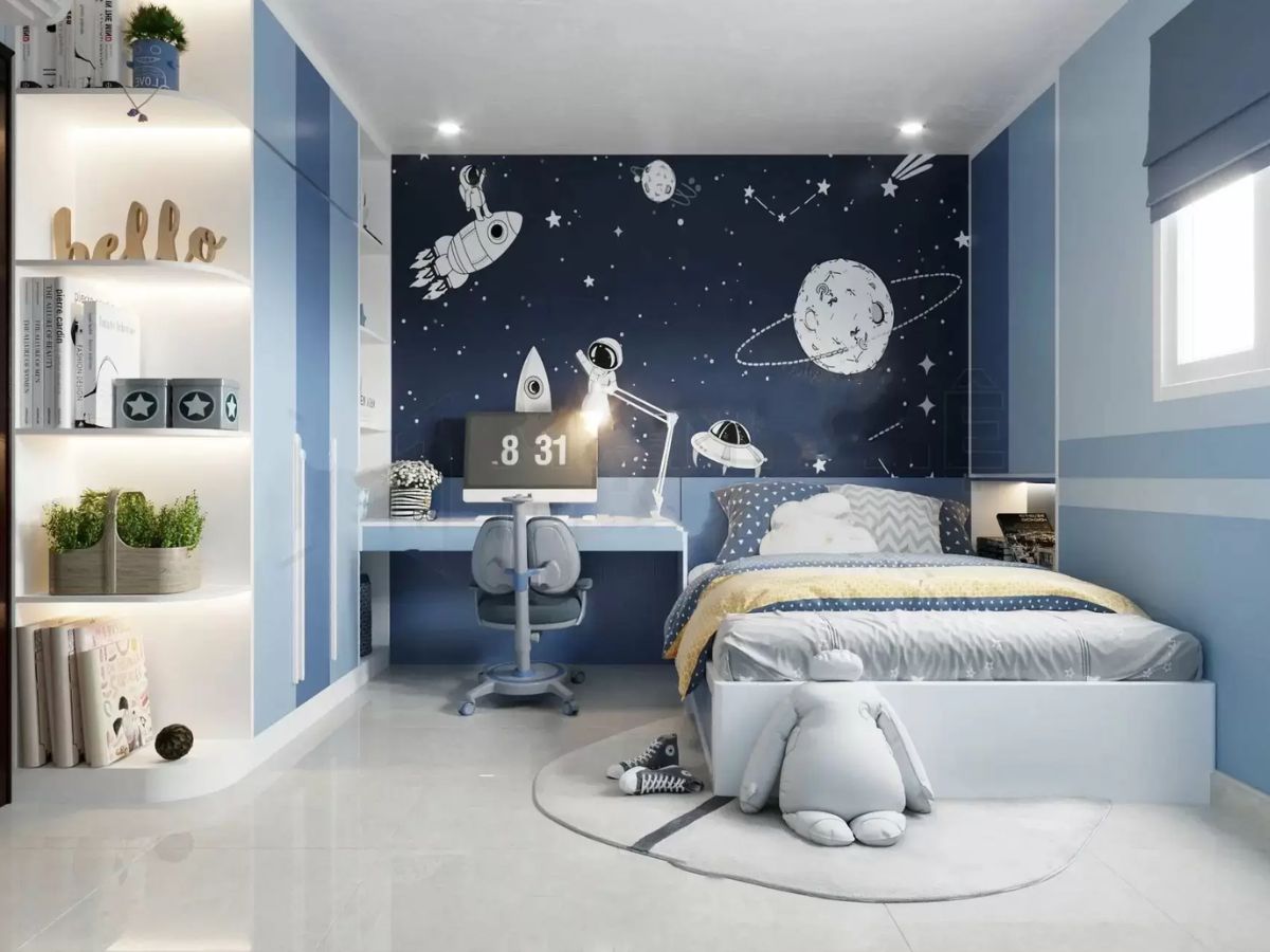 Mẫu ph&ograve;ng ngủ m&agrave;u xanh chủ đạo với chi tiết trang tr&iacute; theo chủ đề vũ trụ cho b&eacute; trai