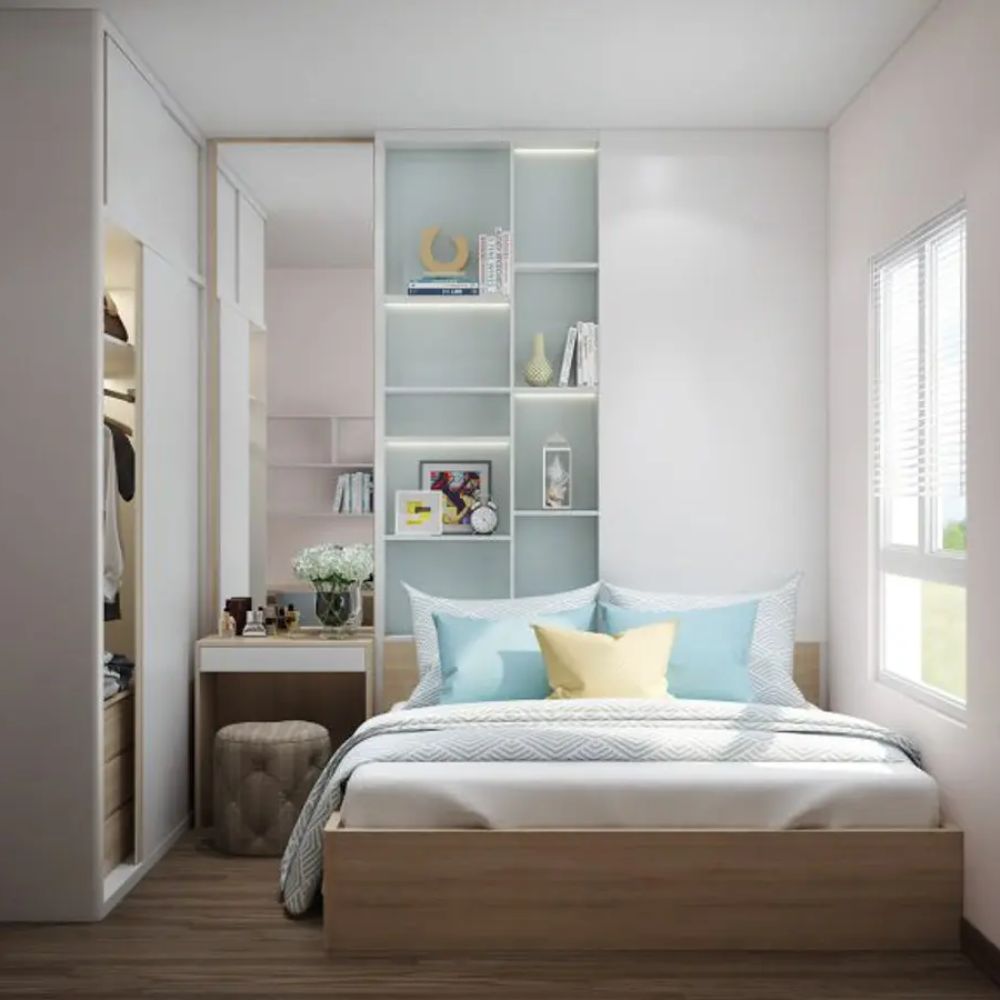 Ph&ograve;ng ngủ 6m2 c&oacute; hệ tủ kịch trần v&agrave; cửa sổ lớn ngay cạnh giường