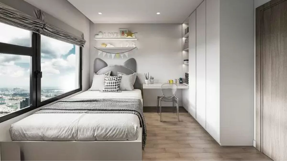 Ph&ograve;ng ngủ 7m2 với t&ocirc;ng x&aacute;m hiện đại