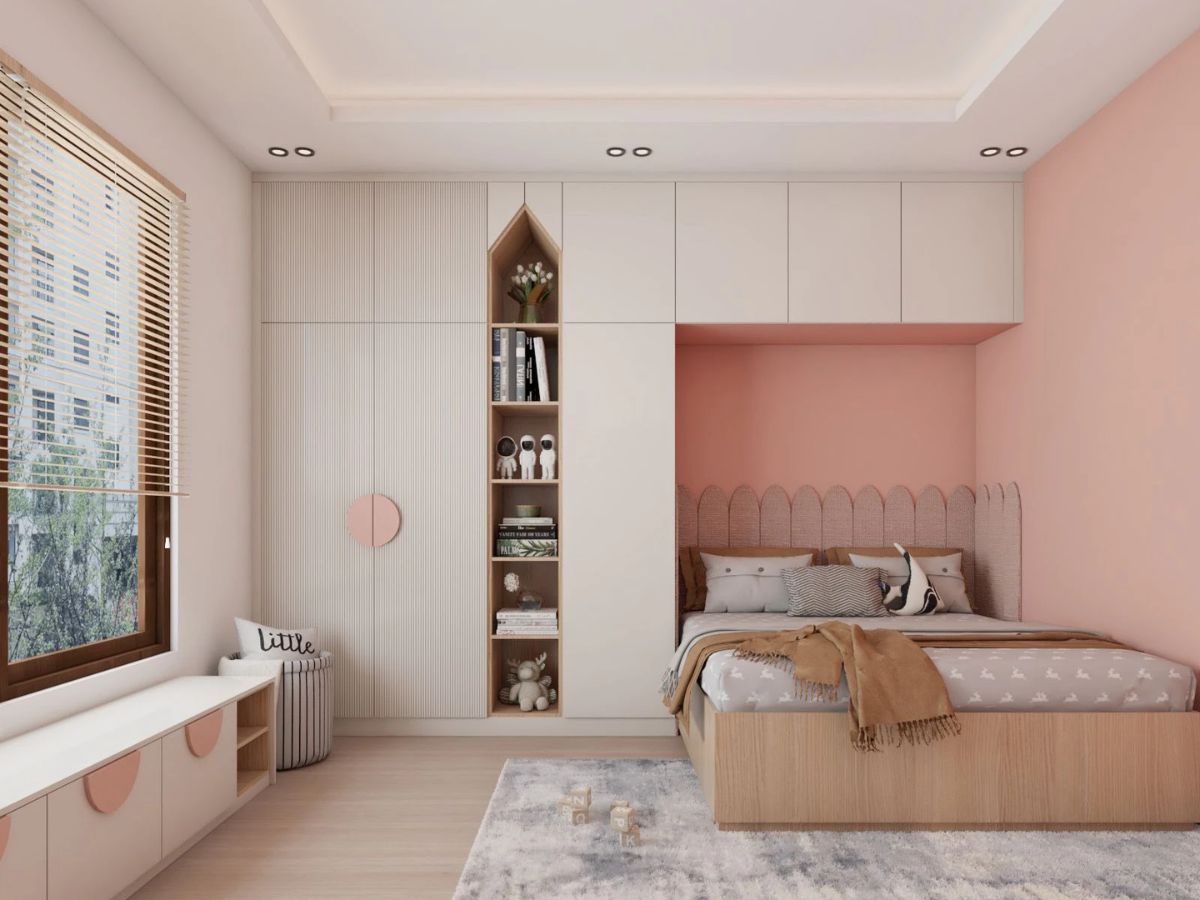Ph&ograve;ng ngủ 16m2 với kệ trang tr&iacute; t&iacute;ch hợp với tủ đồ