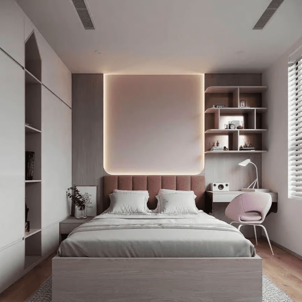 Mẫu ph&ograve;ng ngủ 5m2 tối giản với tủ &acirc;m tường gọn g&agrave;ng