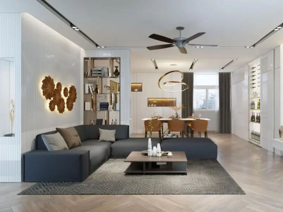 Ph&ograve;ng kh&aacute;ch rộng r&atilde;i với sofa chữ L hiện đại