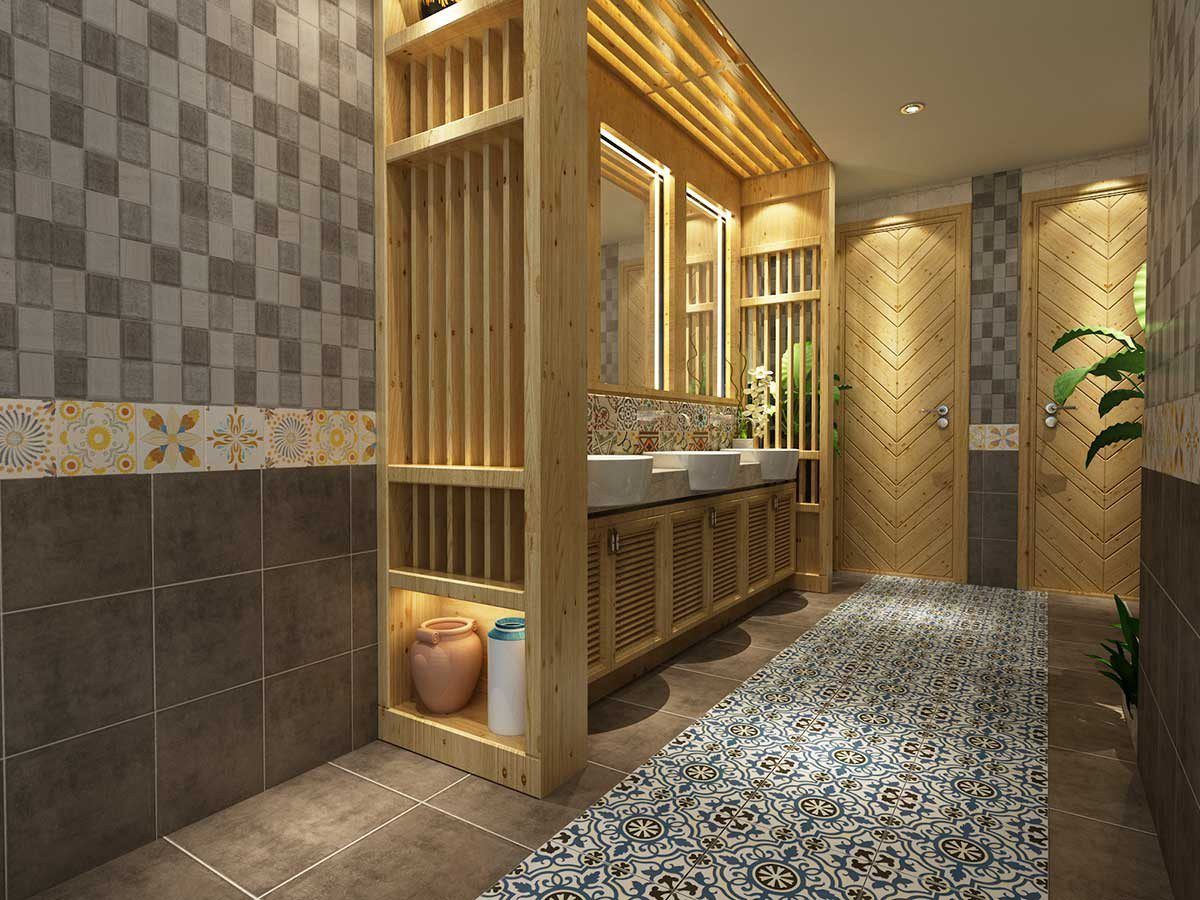 Gạch hoạ tiết đối xứng t&acirc;n cổ điển mang đến sự trang trọng cho ph&ograve;ng tắm