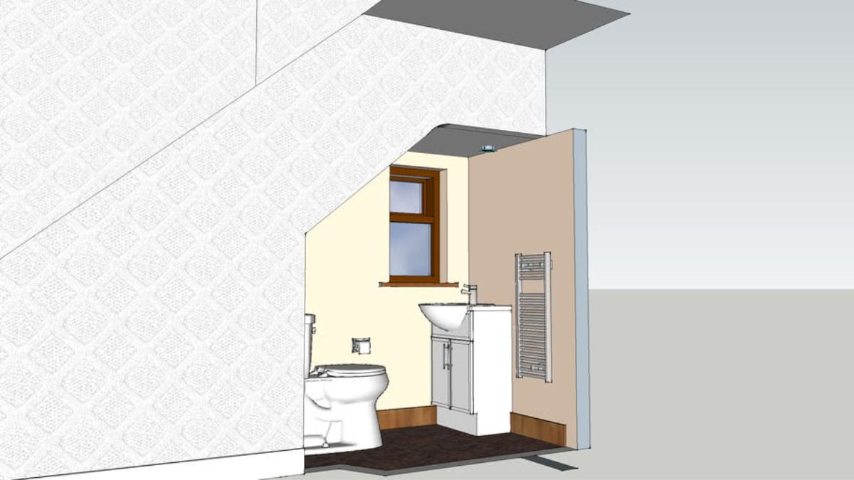 Thiết kế nh&agrave; vệ sinh dưới gầm cầu thang gi&uacute;p tận dụng tối đa diện t&iacute;ch của căn nh&agrave;