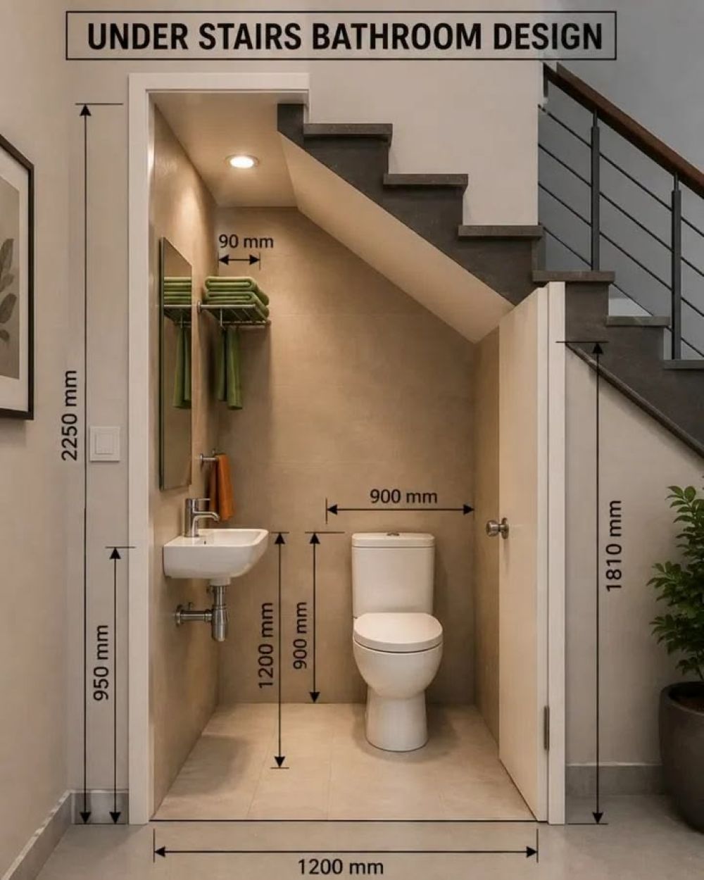 Bản vẽ 3D c&aacute;ch bố tr&iacute; nh&agrave; vệ sinh dưới ch&acirc;n cầu thang hợp l&yacute;