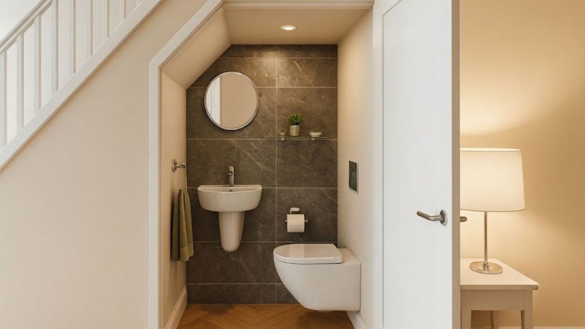 Sử dụng đ&egrave;n &acirc;m trần chiếu s&aacute;ng v&agrave; chậu c&acirc;y xanh mini trang tr&iacute; nh&agrave; vệ sinh dưới ch&acirc;n cầu thang