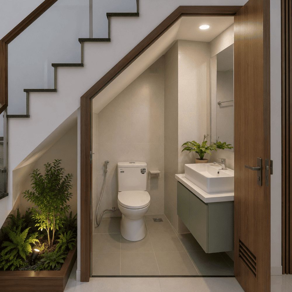 Mẫu nh&agrave; vệ sinh n&agrave;y được thiết kế dưới gầm cầu thang rộng c&oacute; đủ bồn cầu, lavabo, gương ph&ograve;ng tắm với phong c&aacute;ch hiện đại, tối giản