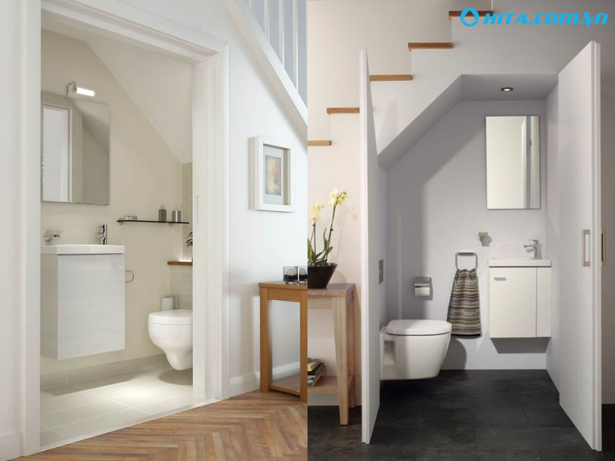 Mẫu nh&agrave; vệ sinh dưới ở ch&acirc;n cầu thang c&oacute; tone trắng tinh tế
