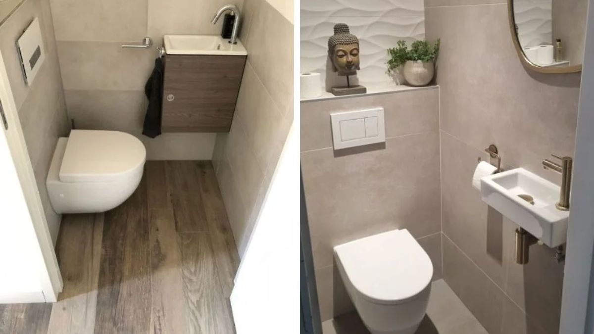Sử dụng bồn cầu treo tường cho nh&agrave; vệ sinh dưới ch&acirc;n cầu thang để tối ưu diện t&iacute;ch v&agrave; đảm bảo sạch sẽ