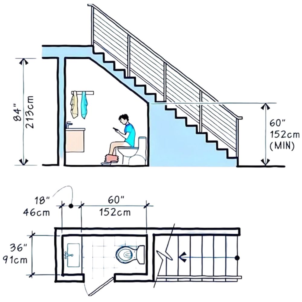 Đảm bảo yếu tố diện t&iacute;ch v&agrave; chiều cao của kh&ocirc;ng gian dưới cầu thang c&oacute; thể đ&aacute;p ứng việc x&acirc;y nh&agrave; vệ sinh