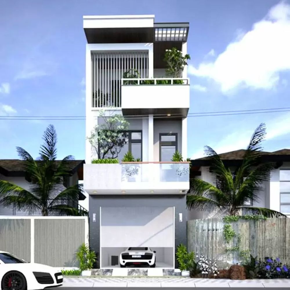 Thiết kế gara &ocirc; t&ocirc; gọn g&agrave;ng, đẹp mắt cho nh&agrave; ống 3 tầng 5m