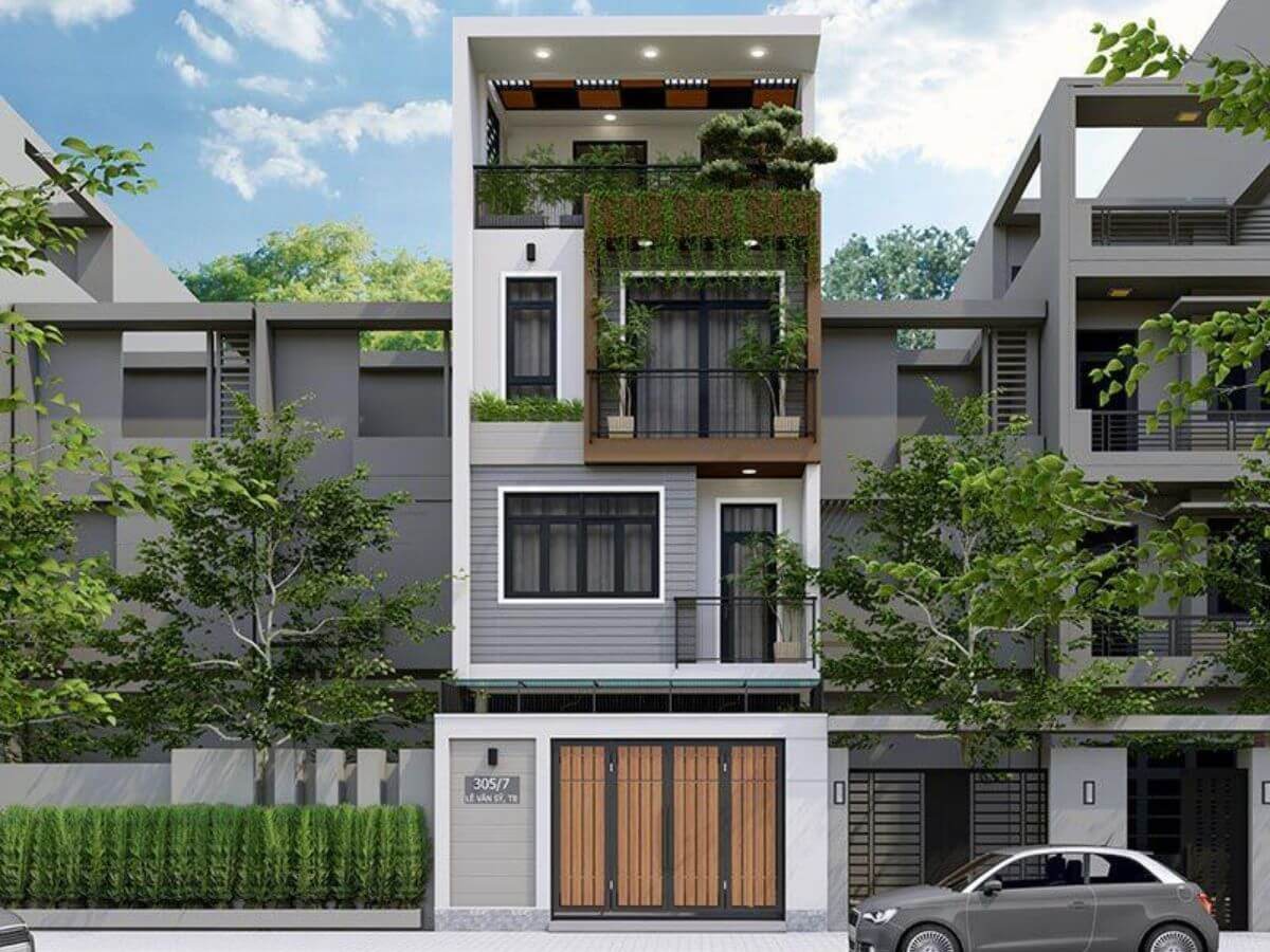 Nh&agrave; ống 3 tầng mặt tiền 5m c&oacute; tầng tum kết hợp hệ cửa k&iacute;nh lớn, lam che nắng v&agrave; c&acirc;y xanh