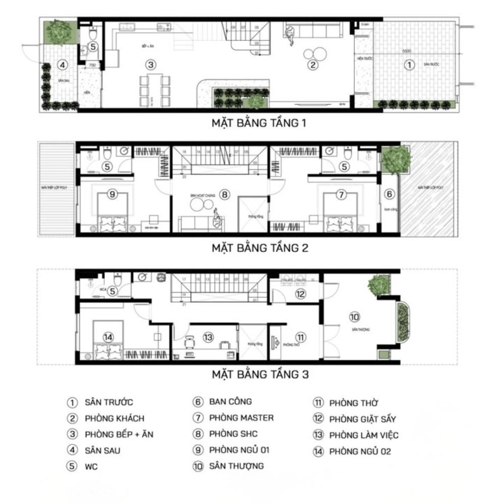 Bản vẽ bố tr&iacute; nh&agrave; ống 3 tầng 5x20m tiện nghi, đầy đủ c&ocirc;ng năng