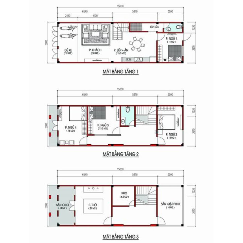 Bản vẽ thiết kế nh&agrave; ống 3 tầng 5x15m