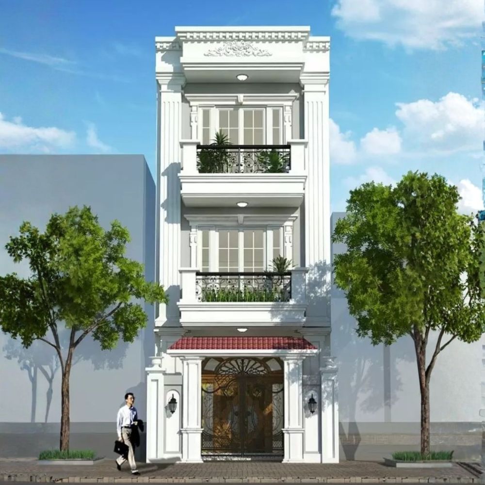 Nh&agrave; ống 5m 3 tầng phong c&aacute;ch T&acirc;n cổ điển với gam trắng thanh lịch c&ugrave;ng kiến tr&uacute;c đối xứng đặc trưng