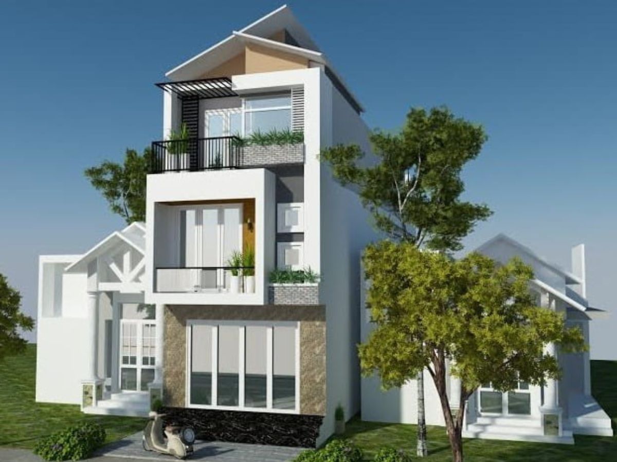 Kiểu m&aacute;i lệch gi&uacute;p nh&agrave; ống 3 tầng 5m nổi bật hơn so với c&aacute;c kiểu m&aacute;i truyền thống
