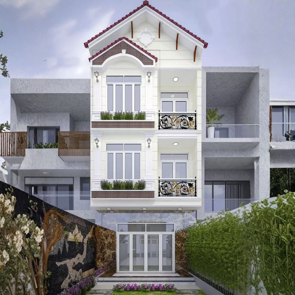 Nh&agrave; ống 3 tầng 5m c&oacute; khoảng s&acirc;n trước trồng hoa v&agrave; c&acirc;y xanh