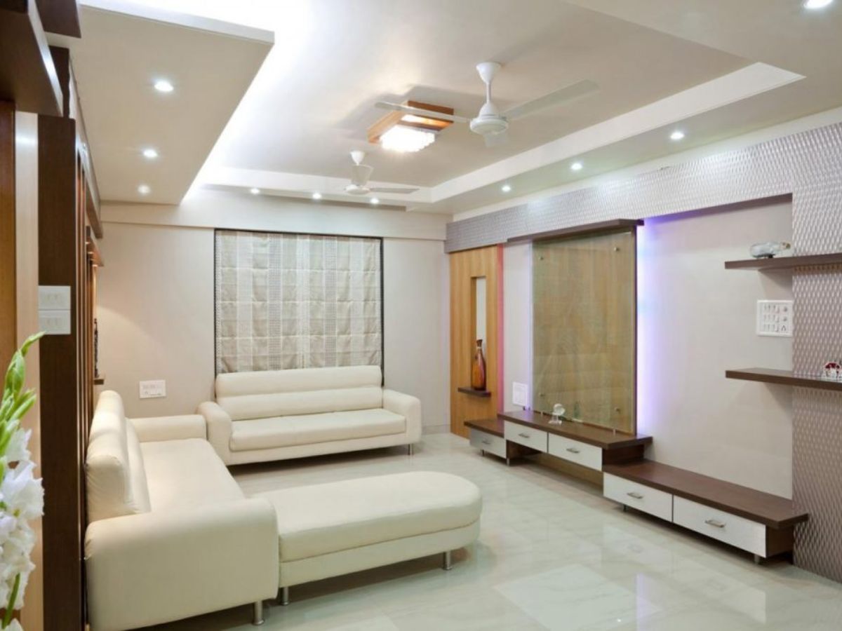 Chọn loại đ&egrave;n trang tr&iacute; dạng ốp trần với m&agrave;u sắc trung t&iacute;nh cho ph&ograve;ng kh&aacute;ch theo phong c&aacute;ch hiện đại