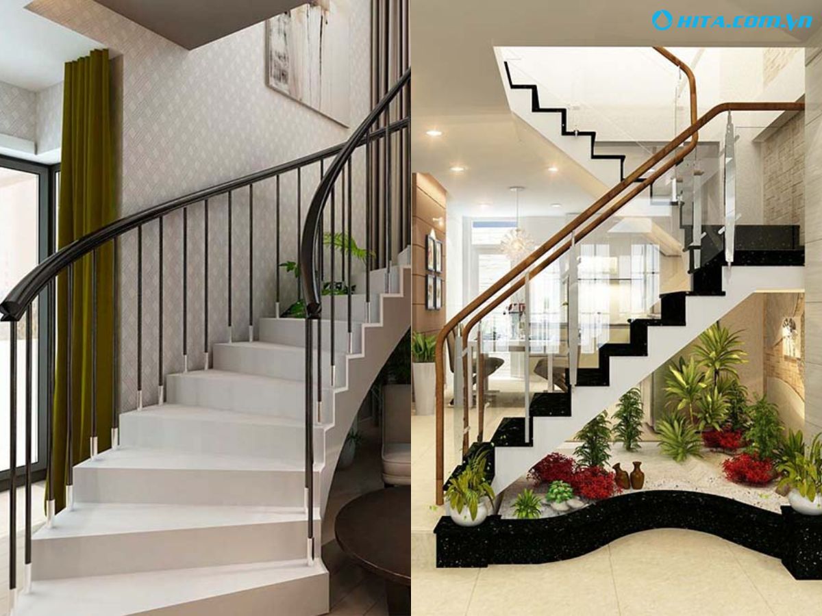 Cầu thang uốn cong v&agrave; cầu thang chữ U ph&ugrave; hợp với kh&ocirc;ng gian nh&agrave; ống 6m