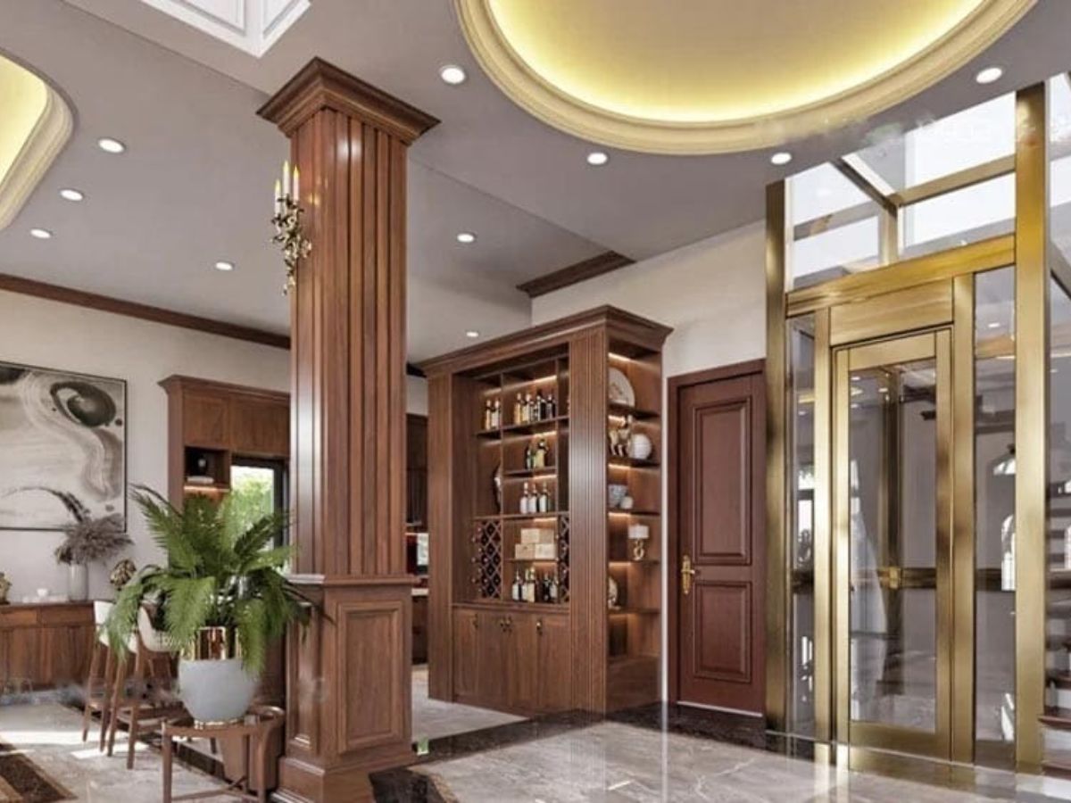 Ch&acirc;n cột vu&ocirc;ng từ gỗ kết hợp với c&aacute;c vật liệu tự nhi&ecirc;n, ph&ugrave; hợp với kiểu nh&agrave; mang đậm n&eacute;t &Aacute; Đ&ocirc;ng