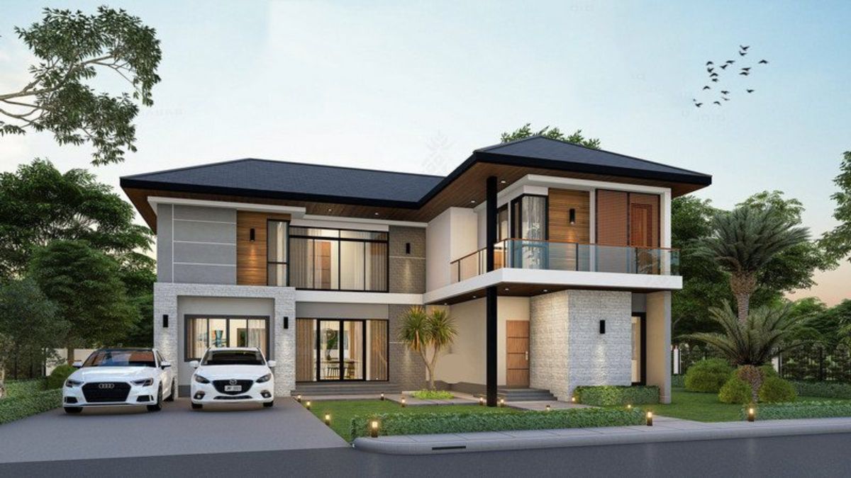 Mẫu nh&agrave; chữ L 2 tầng 120m2 rộng r&atilde;i, th&ocirc;ng tho&aacute;ng