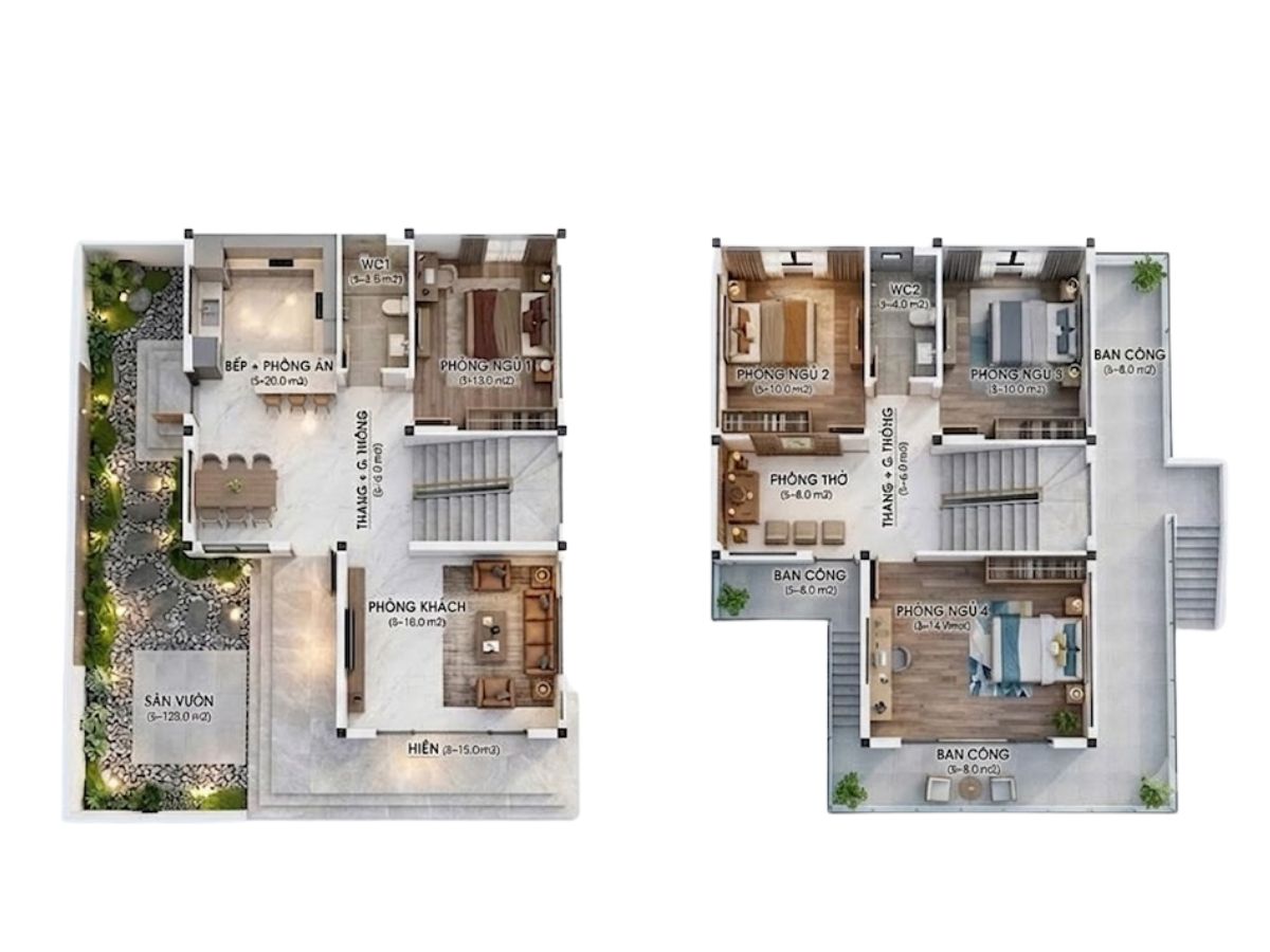 Bản vẽ thiết kế nh&agrave; chữ L 2 tầng 120m2