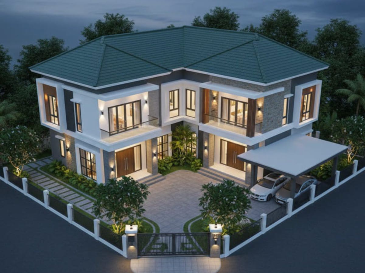 Mẫu nh&agrave; chữ L 2 tầng 120 m&sup2; c&oacute; khoảng s&acirc;n nh&agrave; rộng r&atilde;i