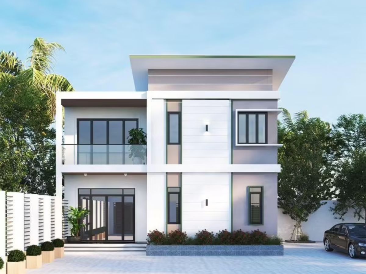 Nh&agrave; chữ L 2 tầng gam m&agrave;u trắng chủ đạo với hệ cửa k&iacute;nh hiện đại
