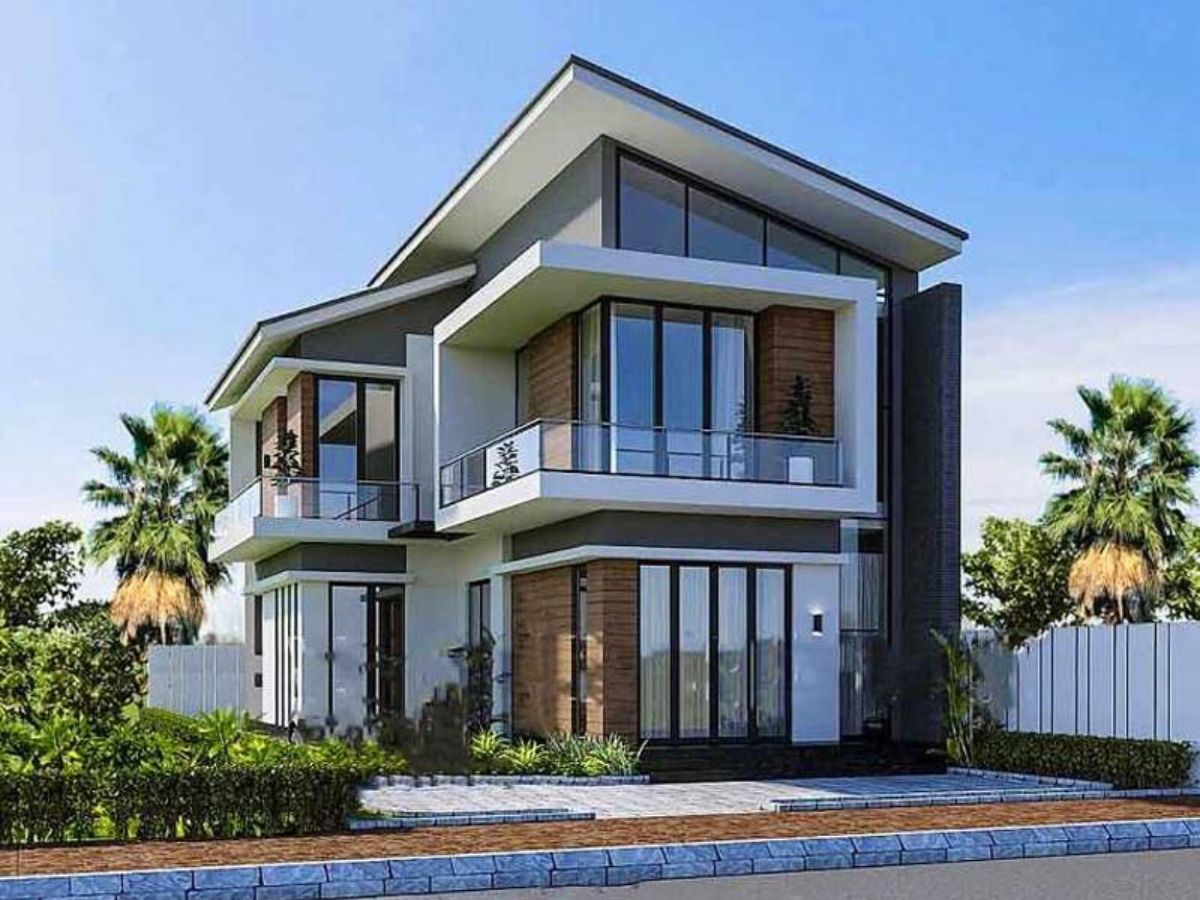 Mẫu nh&agrave; chữ L 2 tầng m&aacute;i lệch sử dụng cửa k&iacute;nh lớn v&agrave; lan can k&iacute;nh hiện đại