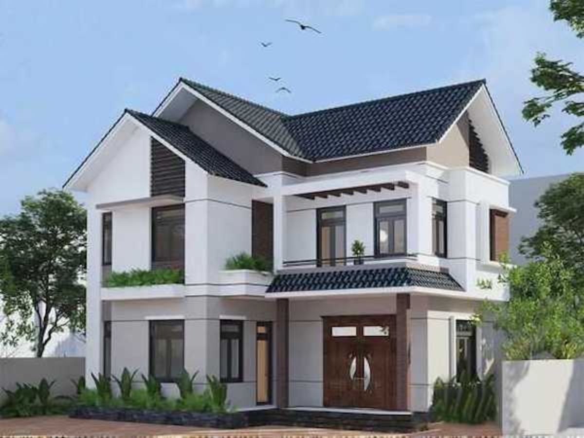 Mẫu nh&agrave; chữ L 2 tầng m&aacute;i Th&aacute;i đẹp phong c&aacute;ch hiện đại với gam m&agrave;u trung t&iacute;nh