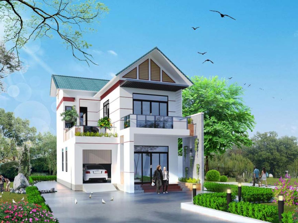 Mẫu nh&agrave; chữ L 2 tầng c&oacute; gara